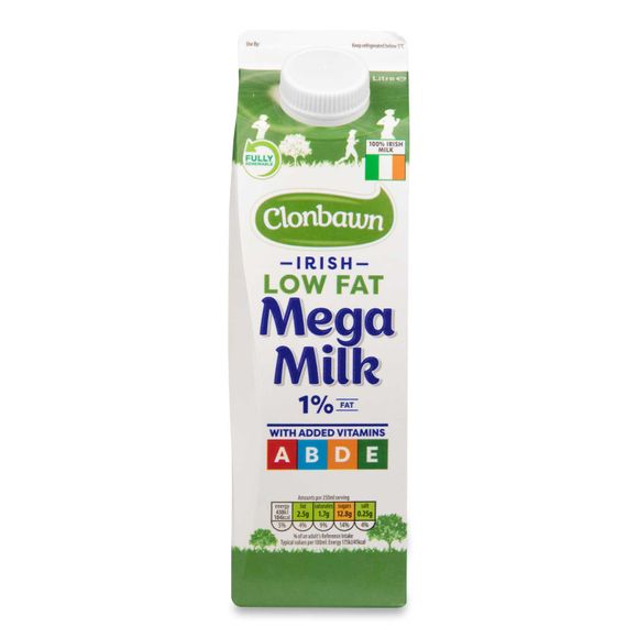 Irish Low Fat Mega Milk 1% Fat 1l Clonbawn